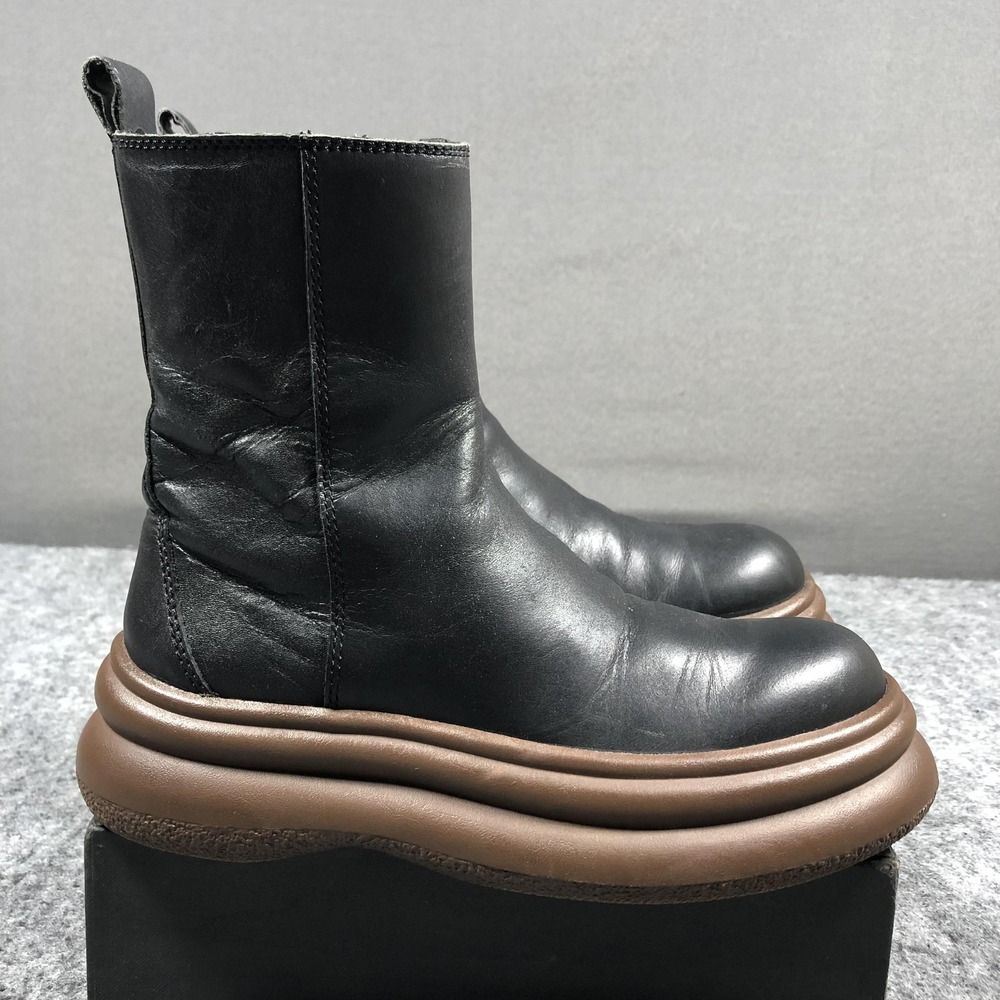 Zara Platform Ankle Boots Womens 6.5 Black Leather Brown Sole Round Toe Zip - Picture 8 of 16